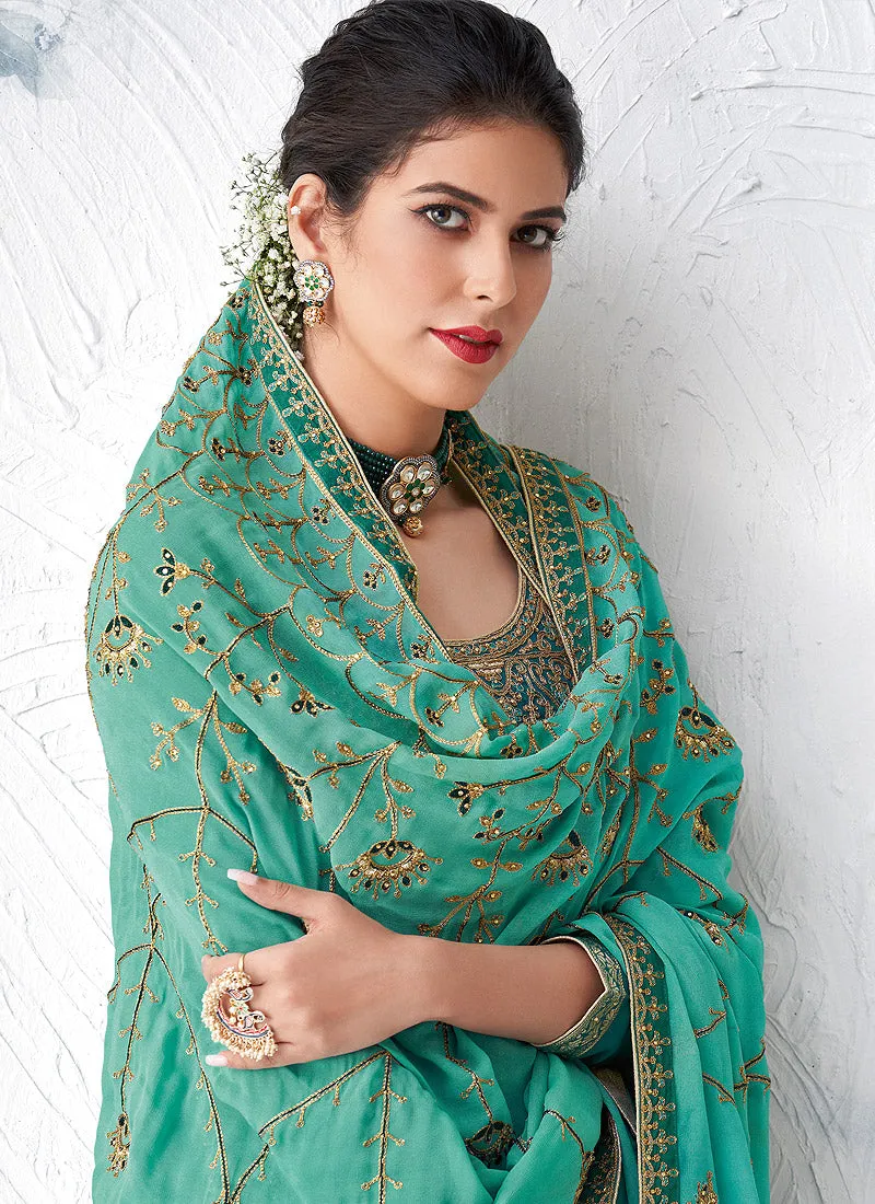 Turquoise Embroidered Palazzo Suit